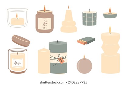 Various Candles. Different shapes and sizes. Pillar, jar candle, square, container candle. Decorative wax candles for relax and spa. Matches, candle snuffer. Vector illustration.