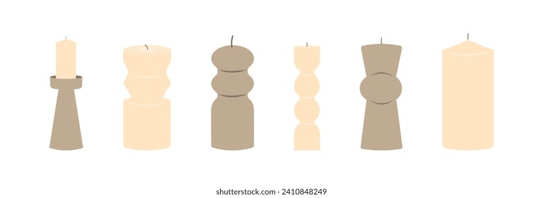 Various Candles. Different shapes and sizes.  Decorative wax candles for relax and spa.  Vector illustration.
