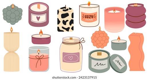 Various Candles. Different shapes and sizes. Pillar, jar candle, square, container candle. Hand drawn trendy Vector set