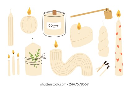 Various Candles. Different shapes and sizes. Pillar, jar candle, square, container candle, heart shaped. Decorative wax candles for relax and spa. Matches, candle snuffer. Hand drawn Vector set