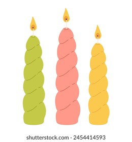 Various Candles. Different shapes and sizes. Pillar, jar candle, square, container candle, heart shaped. Decorative wax candles for relax and spa. Matches, candle snuffer. Hand drawn Vector set