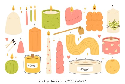 Various Candles. Different shapes and sizes. Pillar, jar candle, square, container candle, heart shaped. Decorative wax candles for relax and spa. Matches, candle snuffer. Hand drawn Vector set