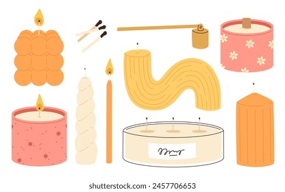 Various Candles. Different shapes and sizes. Pillar, jar candle, square, container candle, heart shaped. Decorative wax candles for relax and spa. Matches, candle snuffer. Hand drawn Vector set