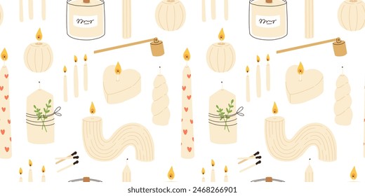 Various Candles. Different shapes and sizes. Pillar, jar candle, square, container candle, heart shaped. Decorative wax candles for relax and spa. Matches, candle snuffer. Seamless pattern