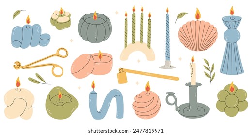 Various Candles. Different shapes and sizes. Pillar, jar candle, square, container candle, multi wick. Decorative wax candles for relax and spa. Candle snuffer. Hand drawn vector set