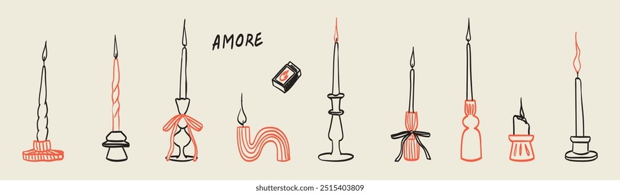 Various candles. Different shapes and sizes. Decorative wax candles for wedding or date invitation decoration. Matches, classic candle charcoal or chalk doodle drawings. Hand drawn vector icon set.