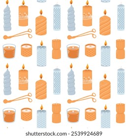 Various Candles. Different shapes and sizes. Pillar, jar candle, square, container candle, heart shaped. Decorative wax candles for relax and spa. Candle snuffer. Seamless pattern
