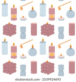 Various Candles. Different shapes and sizes. Pillar, jar candle, square, container candle, heart shaped. Decorative wax candles for relax and spa. Candle snuffer. Seamless pattern