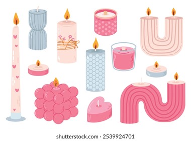 Várias Velas. Diferentes formas e tamanhos. Pilar, vela jar, quadrado, vela recipiente, em forma de coração. Velas decorativas de cera para relaxar e spa. Conjunto de vetores