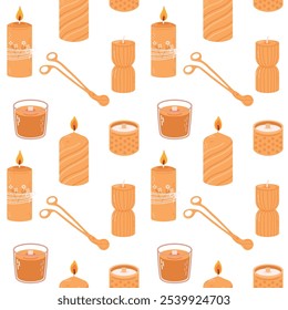 Various Candles. Different shapes and sizes. Pillar, jar candle, square, container candle, heart shaped. Decorative wax candles for relax and spa. Candle snuffer. Seamless pattern