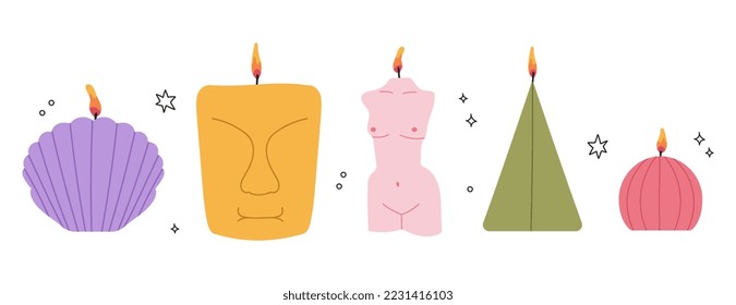 Various Candles Form. Different shapes and sizes. Decorative wax bright candles for relax and spa.Cute handmade decoration. Hand drawn Vector illustration. Body, shell, face, pyramid, ball
