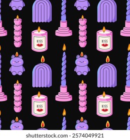 Various Candles seamless pattern. Decorative wax candles for relax and spa. Hand drawn vector seamless Pattern on black background.