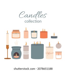 Various Candles set. Different shapes and sizes. Pillar, jar candle, candlestick, circle candle, multi wick. Decorative wax candles for relax and spa. Hand drawn Vector set