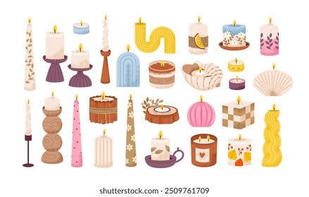 Various candles set. Scented candles of different shapes for a cozy atmosphere. Aromatherapy and relaxation. Flat vector illustration.