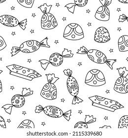 Various candy seamless pattern. Vector contour background of sweets. Coloring book.