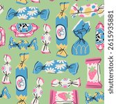 Various Candy, sweets. Different wrappers, colors, shapes. Fruit, chocolate, caramel, lollipop, gummies. Hand drawn Vector illustration. Sugar confectionery concept. Square seamless Pattern, wallpaper