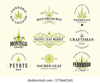 Se han puesto varias pancartas planas con hierba de cannabis. Hojas de cáñamo vintage, marihuana, insignias de ganja o etiquetas de colección de ilustraciones vectoriales. Concepto de negocio de marketing y tabaquismo