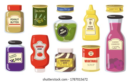 Various canned goods from supermarket flat icon set. Peanut butter, olives, dill pickles, mustard, tomato ketchup, jam, compote isolated vector illustration collection. Home pantry and product concept