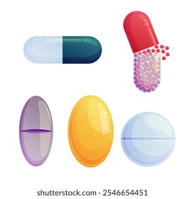 Various capsules and tablets in the set. Vector illustration