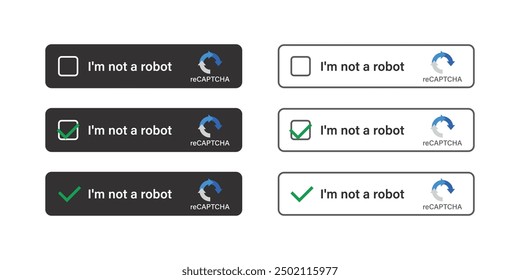 Various captcha icons. I am not a robot. Computer security code. Set of confirmed recaptcha. Im not robot button. Internet safety. Design template for website or application. flat vector illustration