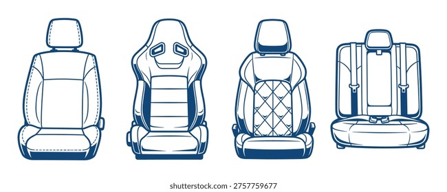 Various car seats for driver and passengers with headrests and safety belts. Sporty racing chair and luxury interior seat vector set.