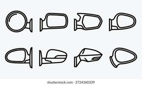 Various car side rear view mirrors in simple line style drawing