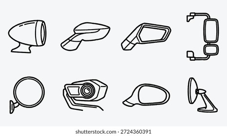 Various car side rear view mirrors and camera illustrations