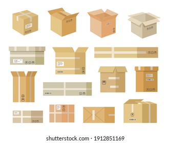 Various cardboard boxes flat icon set