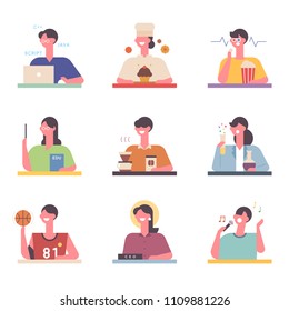 Various career and hobby life hope characters in the future. flat design style vector graphic illustration set