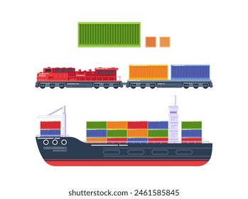 Diversos métodos de Transporte de carga. Tren De Locomotora Rojo Con Coloridos Contenedores De Carga Y Un Grande Barco De Carga Negro
