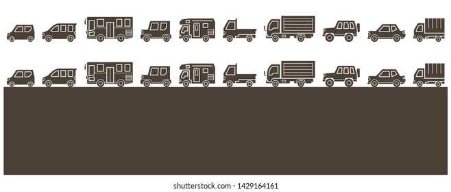 various cars of silhouette which are arranged side by side in parallel