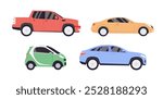 Various Cars or vehicles. Different types of cars: sedan, SUV, pickup, coupe, hatchback, retro car. Automobile, motor transport concept. Hand drawn trendy Vector illustration. Every car is isolated