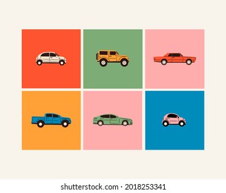 Various Cars or vehicles. Different types of cars: sedan, SUV, pickup, coupe, hatchback, retro car. Automobile, motor transport concept. Hand drawn trendy Vector illustration. Every car is isolated