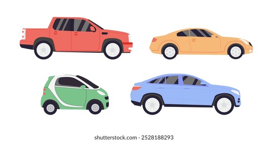 Vários carros ou veículos. Diferentes tipos de carros: sedan, SUV, pickup, cupê, hatchback, carro retro. Automóvel, conceito de transporte a motor. Desenhado à mão na moda ilustração Vetor. Todo carro está isolado