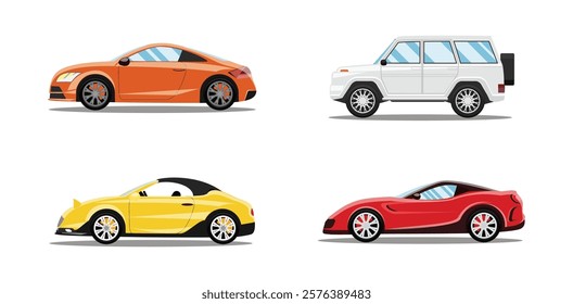 Various Cars or vehicles. Different types of cars: sedan, SUV, pickup, coupe, hatchback, retro car. Automobile, motor transport concept. Hand drawn trendy Vector illustration. Every car is isolated