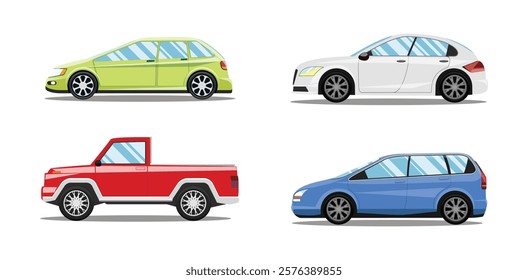 Various Cars or vehicles. Different types of cars: sedan, SUV, pickup, coupe, hatchback, retro car. Automobile, motor transport concept. Hand drawn trendy Vector illustration.