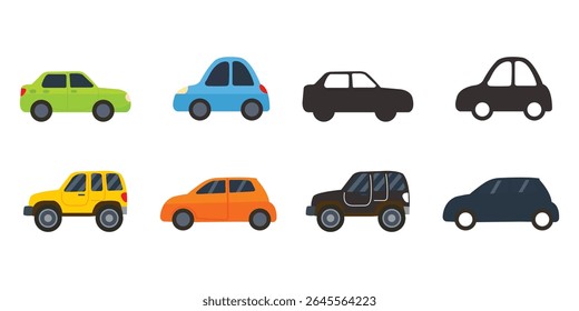 Vários carros ou veículos. Diferentes tipos de carros: sedan, SUV, pickup, cupê, hatchback, carro retro. Automóvel, conceito de transporte a motor. Desenhado à mão na moda ilustração Vetor. Todo carro está isolado