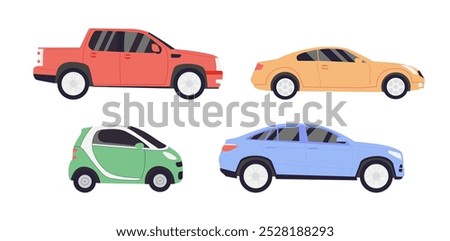 Various Cars or vehicles. Different types of cars: sedan, SUV, pickup, coupe, hatchback, retro car. Automobile, motor transport concept. Hand drawn trendy Vector illustration. Every car is isolated