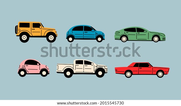 Various Cars or vehicles. Different types of\
cars: sedan, SUV, pickup, coupe, hatchback, retro car. Automobile,\
motor transport concept. Hand drawn trendy Vector illustration.\
Every car is isolated