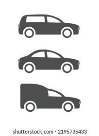 Various Cars or vehicles silhouette. Different types of cars: sedan, coupe, hatchback, caddy retro car. Automobile, motor transport concept. Hand drawn trendy Vector illustration  Every car is isolate