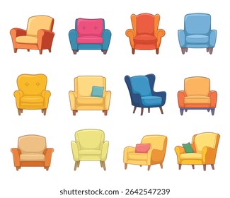 Various cartoon armchairs in different colors and styles arranged in a grid.