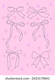 Various cartoon bow knots, gift ribbons. Trendy hair braiding accessory. Hand drawn vector illustration. Valentine's day background