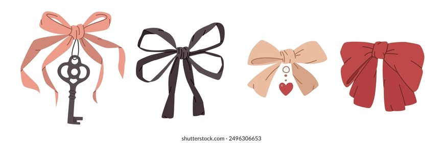 Varios nudos de arco de dibujos animados. Cinta de regalo con llave vintage. Accesorio de trenzado de cabello. Ilustraciones dibujadas a mano de Vector plano