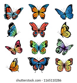 Various cartoon butterflies. Set vector illustrations of butterflies. Colored butterfly insect, various natural bright wildlife