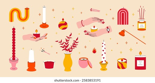 Various cartoon candles. Abstract candle set different shapes, doodle aromatic candlesticks icons for spa and meditation, romantic candlelight interior decor. Vector collection.