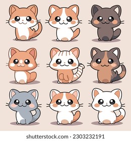 varios gatos de dibujos animados sentados y mirando hacia arriba, en un estilo de marrón claro y gris claro, blanco claro y naranja claro
