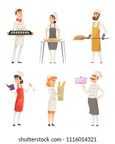 Various cartoon characters bakers at work. Character baker with food in uniform, vector illlustration