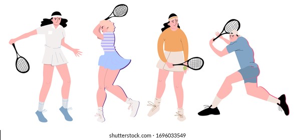 Various cartoon characters play sports. Professional tennis players. Vector hand-drawn illustration. The concept of a healthy lifestyle, movement, self-care. All elements are isolated.