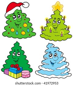 Varios árboles de navidad de dibujos animados - ilustración vectorial.