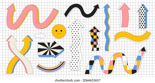 Various cartoon colorful playful arrow pointers set or collection in trendy outline style. Vector illustration of dynamic arrow signs for infographic designs or presentation templates.